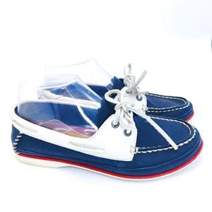 CLARKS DECK Shoes Boat Flats in Red White Blue Leather Size 6 EUC